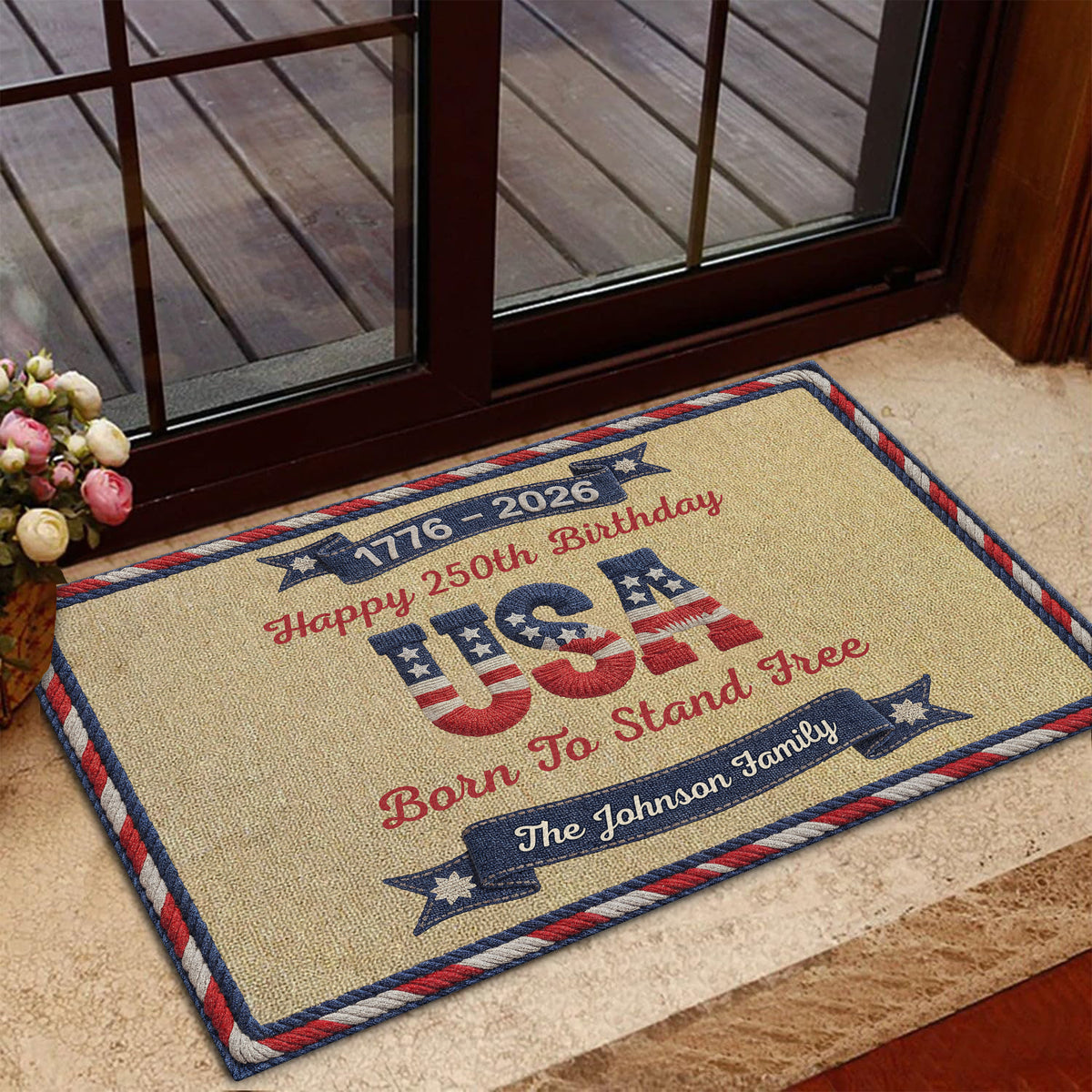 Personalized USA 250th Birthday Faux Yarn Pattern Doormat - 2D Printed Not Embroidered Patriotic America Decor HO82 901576