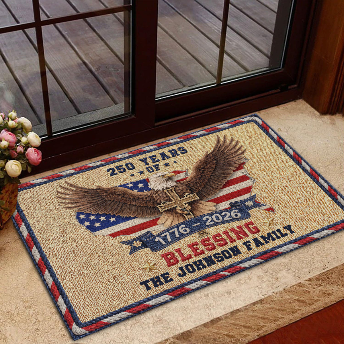 Personalized Family Name 250th Anniversary USA Patriotic Faux Pattern Doormat - 2D Printed Not Embroidered Patriotic America Decor HO82 901578
