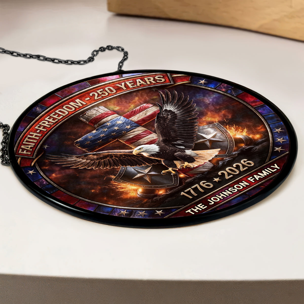 Custom Family Name 250 Years of Freedom 1776 - 2026 Eagle Patriotic Stained Glass Suncatcher HO82 901488
