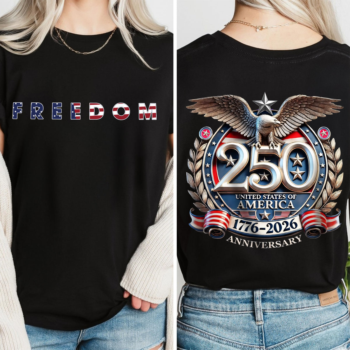 Freedom USA Eagles 250th Anniversary Semiquincentennial Back & Front Dark Shirt LM32 899191