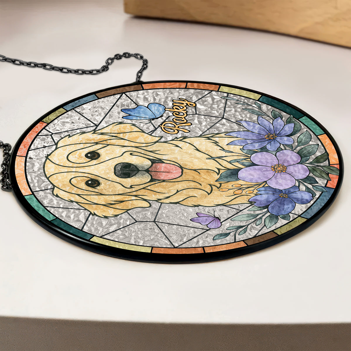 Custom Dog Photo With Sunflower Memorial Stained Glass Suncatcher, Pet Loss Gift HO82 894326