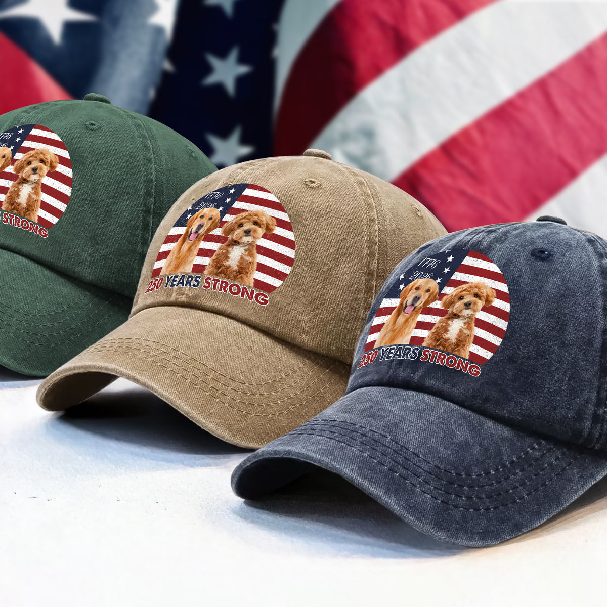 Custom Photo 250 Years Strong Dog Cat Vintage Retro Washed Denim Baseball Cap HO82 901284