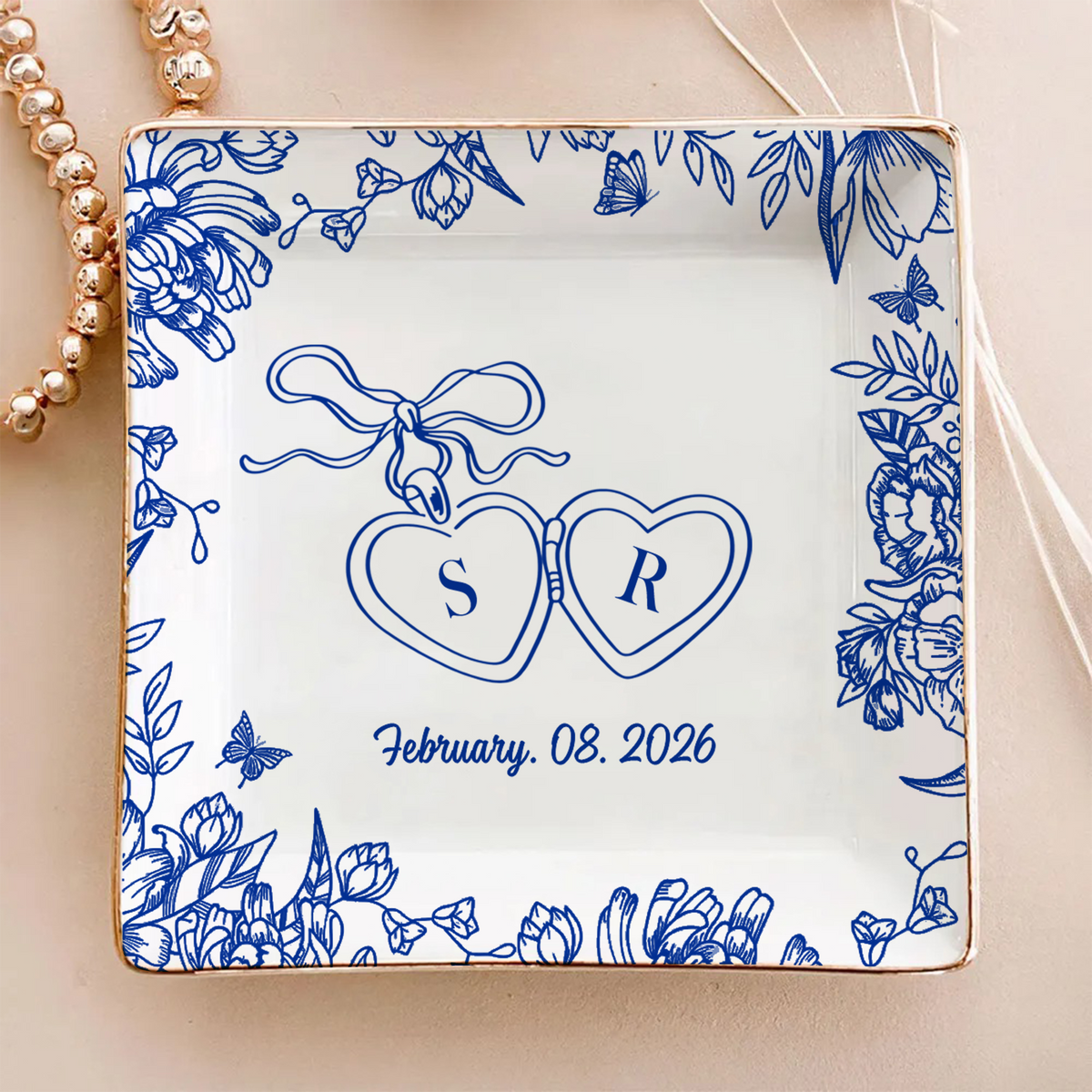 Personalized Toile De Jouy Locked Ring Dish Gift for Bride, Engagement Gift, Anniversary LM32 899251