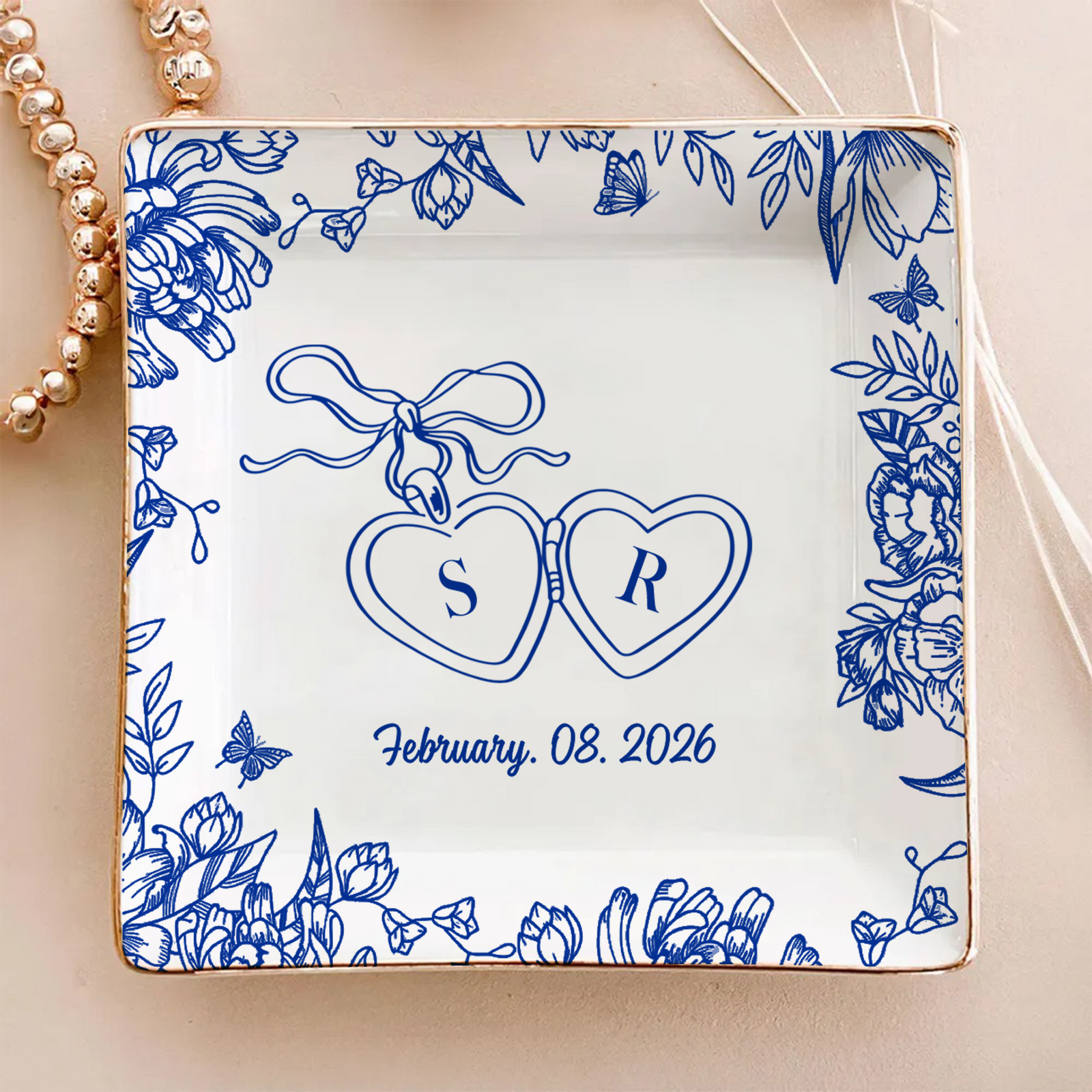 Personalized Toile De Jouy Locked Ring Dish Gift for Bride, Engagement Gift, Anniversary LM32 899251