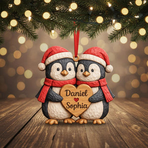 Personalized Penguin Couple First Christmas 2 Layers Wooden Ornament LM32 897519