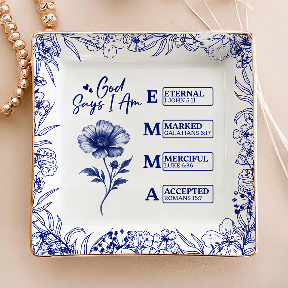 God Says I Am Personalized Name Initial Bible Toile De Jouy Jewelry Dish Gift LM32 895365