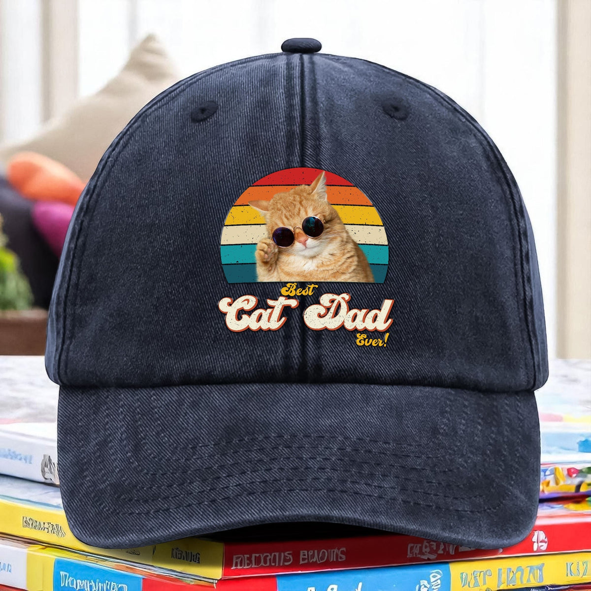 Custom Photo Best Cat Dad Ever Washed Denim Baseball Cap Gift For Father's Day, Cat Dad HO82 893942