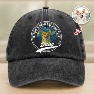 Custom Photo This Human Belongs To Dog Van Gogh Style Washed Denim Baseball Cap HA75 897214