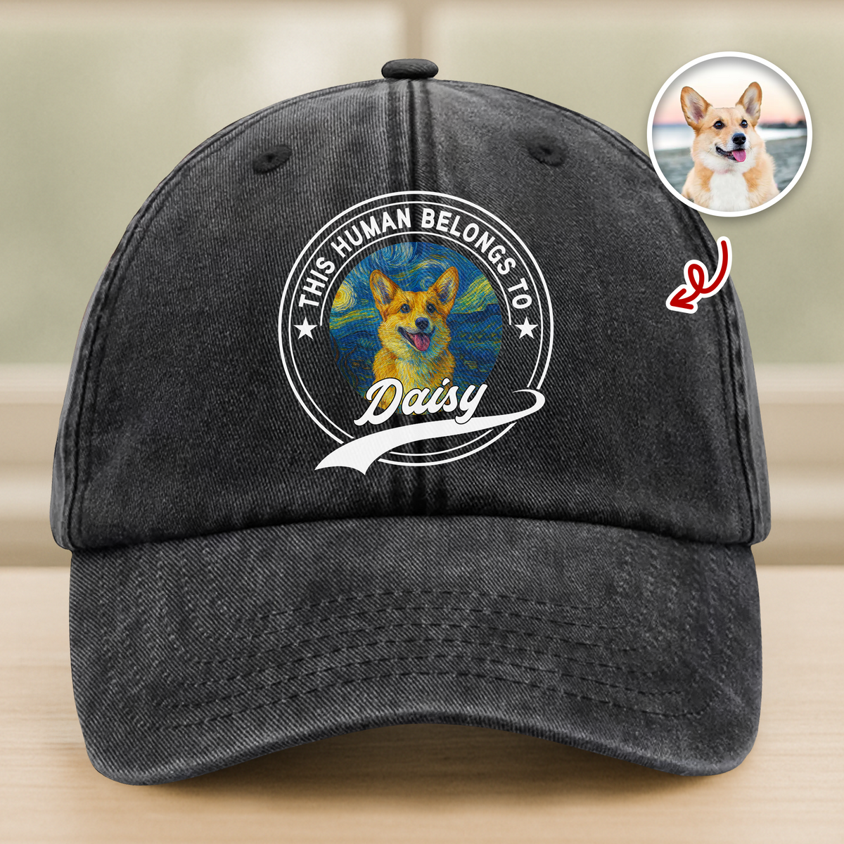 Custom Photo This Human Belongs To Dog Van Gogh Style Washed Denim Baseball Cap HA75 897214