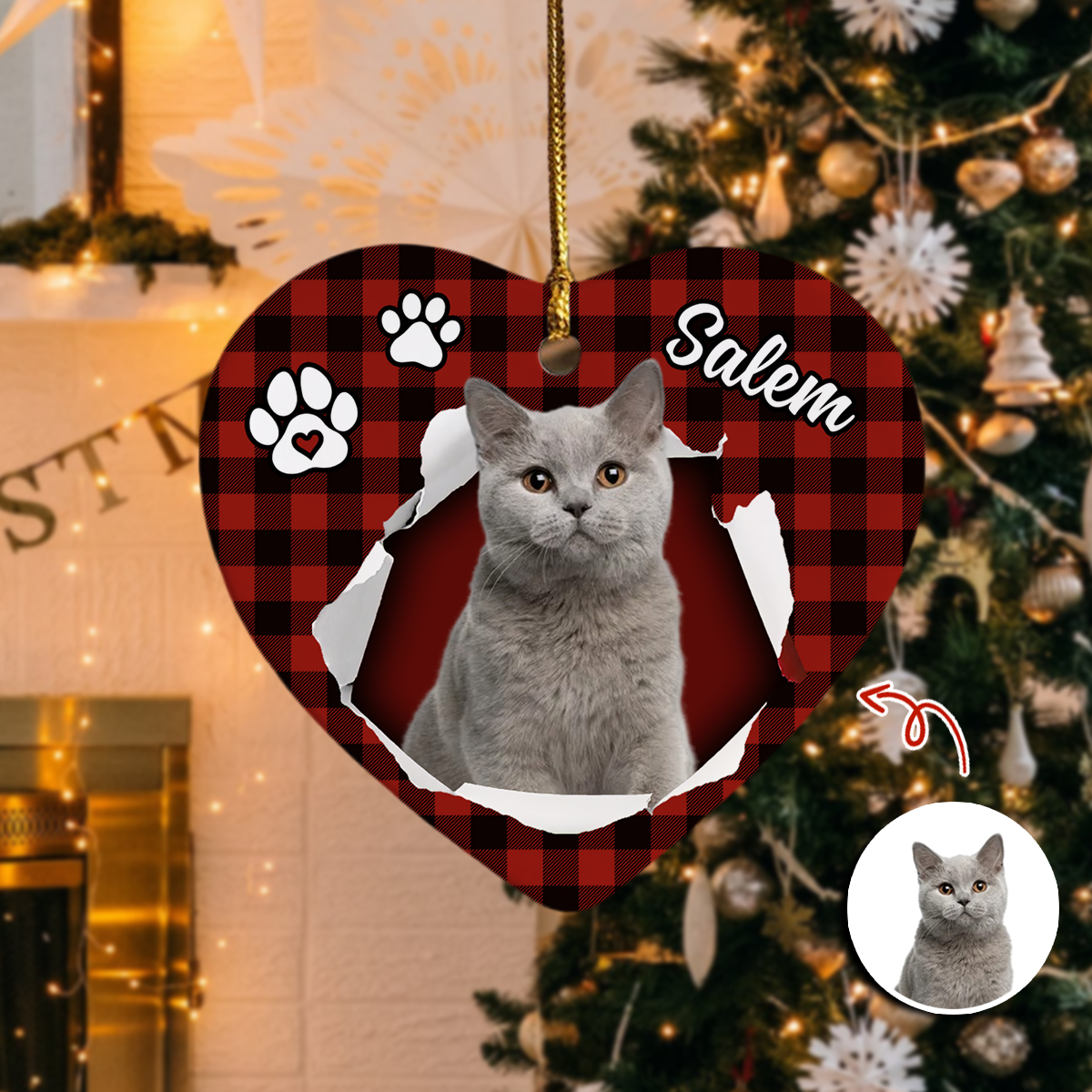 Custom Photo Cat Christmas Heart Shaped Ceramic Ornament HA75 897458