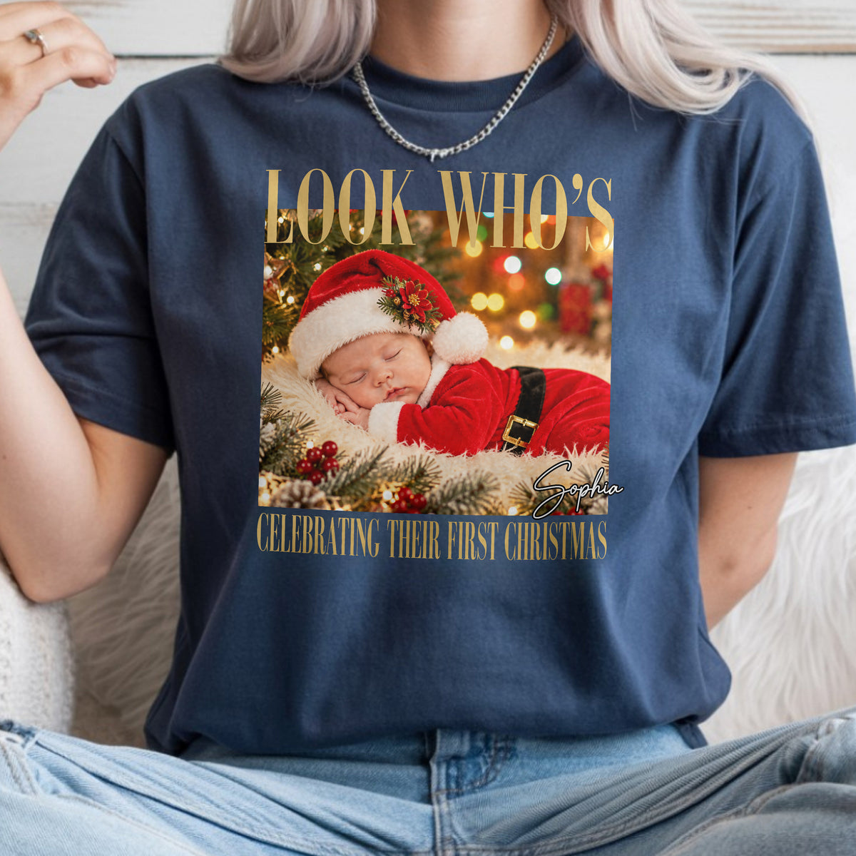 Look Who's Celebrating Their First Christmas - Custom Baby Photo First Christmas Comfort Shirt CH07 180612