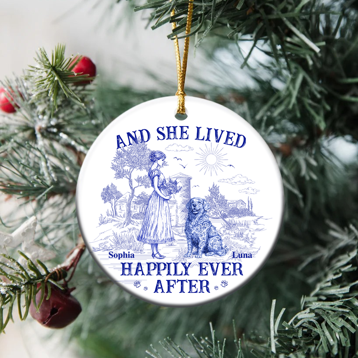 And She Lived Happily Ever After Dog Toile De Jouy Personalized Ceramic Ornament HO82 900162