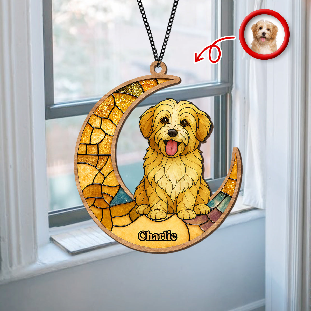 Custom Dog Photo Glass Effect Dog On The Moon Suncatcher LM32 895419