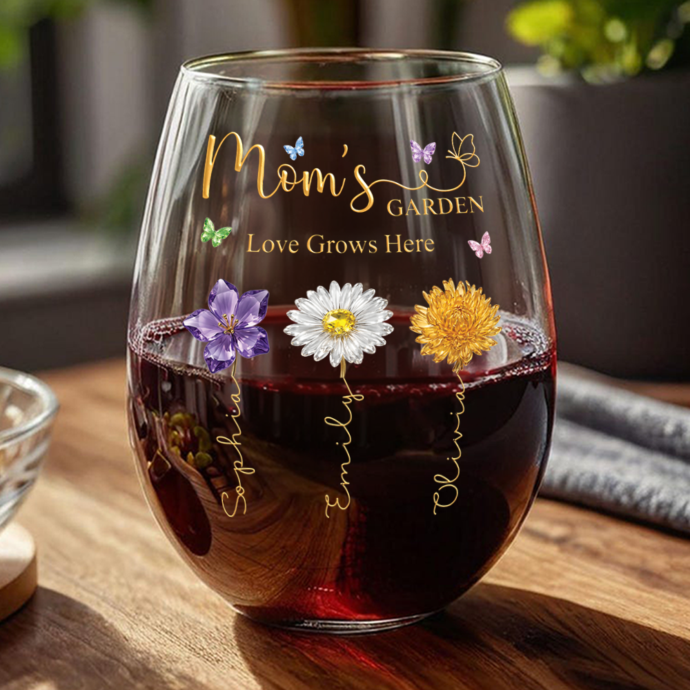 Custom Name Mom's Garden Love Grows Here Wine Glass, Personalized Birth Flower Gift for Mom CH07 911212