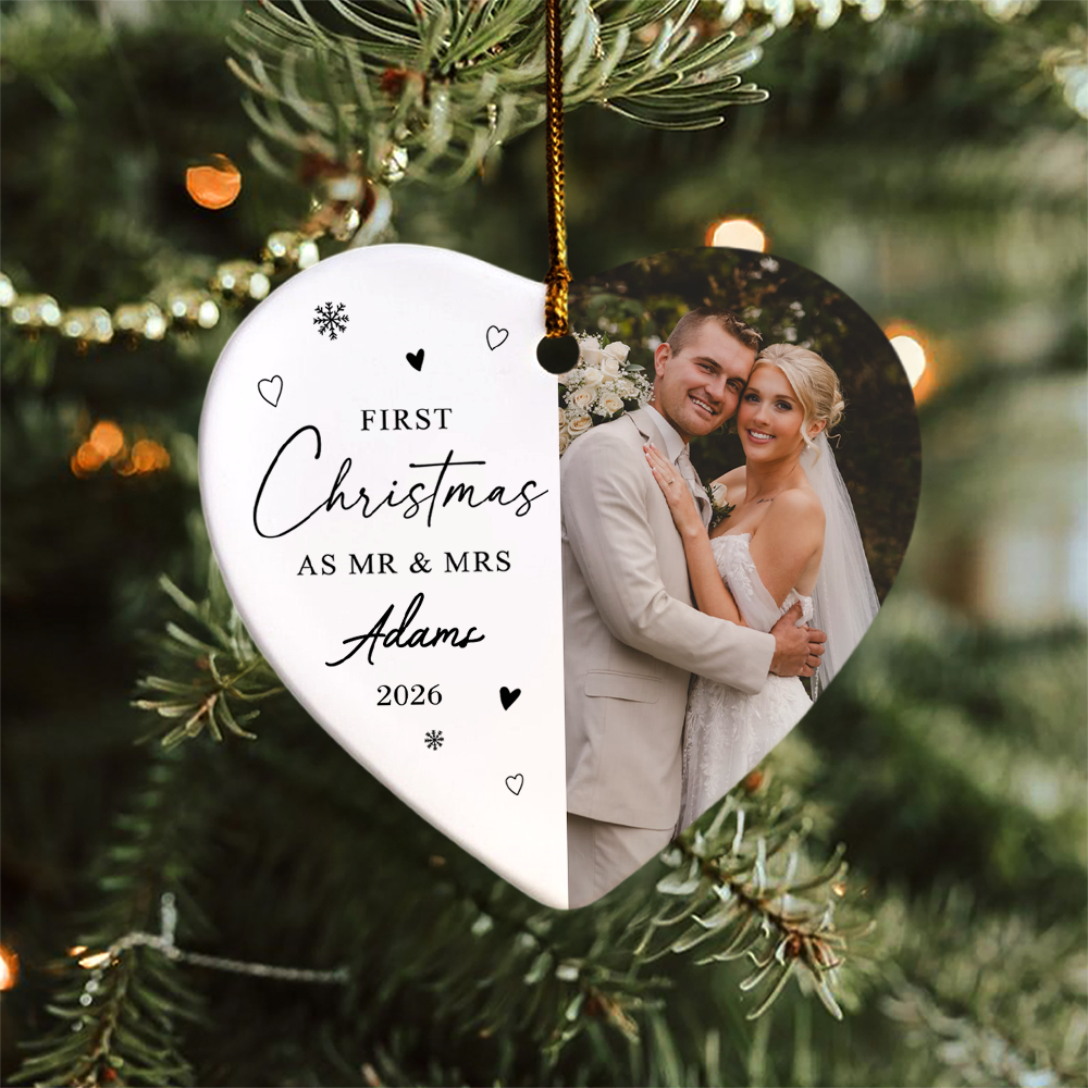 Custom Photo First Christmas as Mr & Mrs Heart shaped Ceramic Ornament Christmas Married Bauble Gift HO82 903424