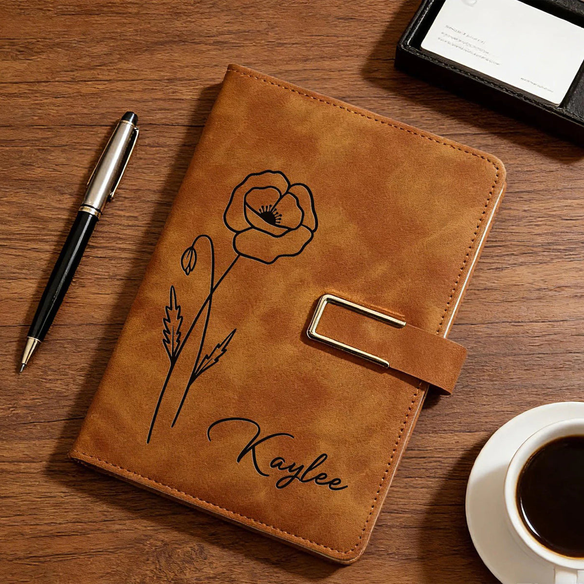 Engraved Birth Flower Leather Journal, Personalized Name Notebook Set, Graduation Gifts for Her HA75 920592
