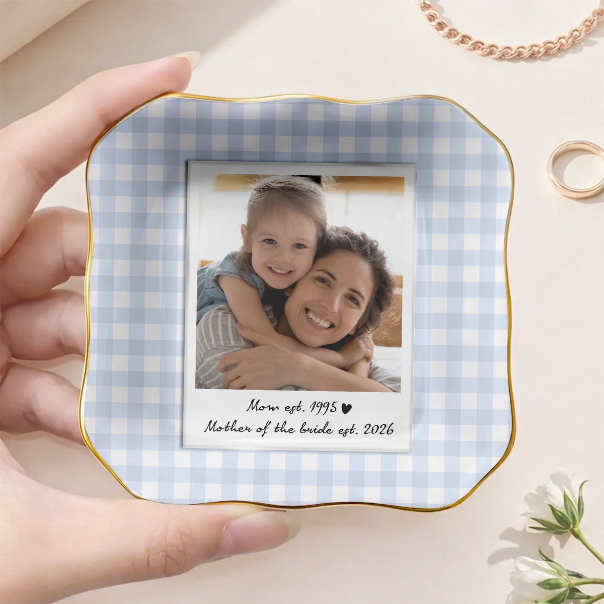 Custom Photo Floral Gingham Bow Stripe Style Mother EST Year Ring Dish LM32 899919