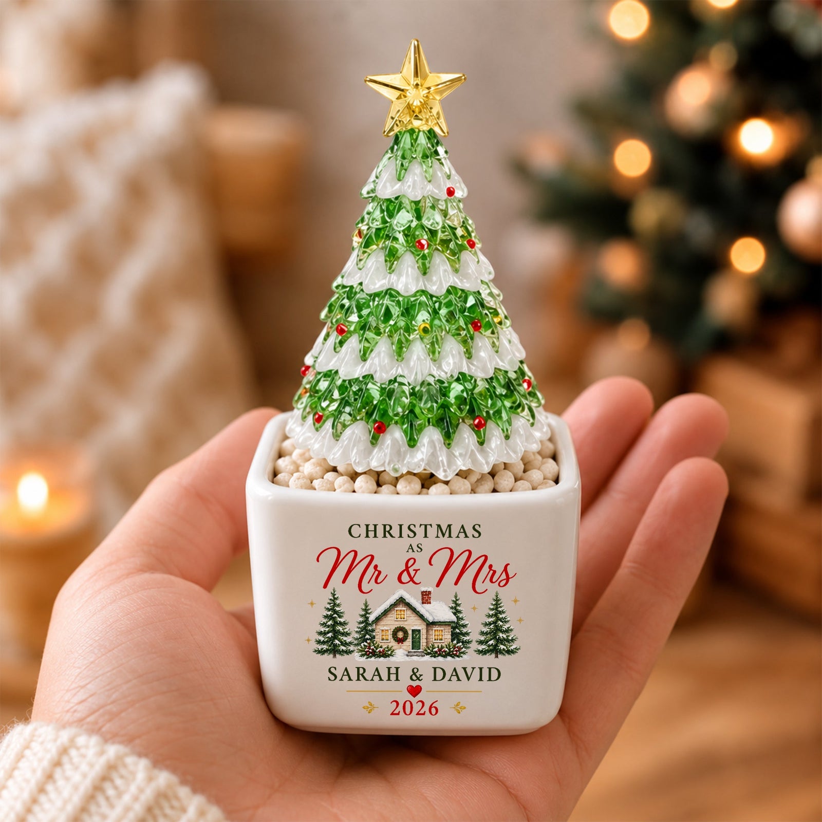 Personalized Name Couple Mini Ceramic Pot with Glass Christmas Tree HO82 903596