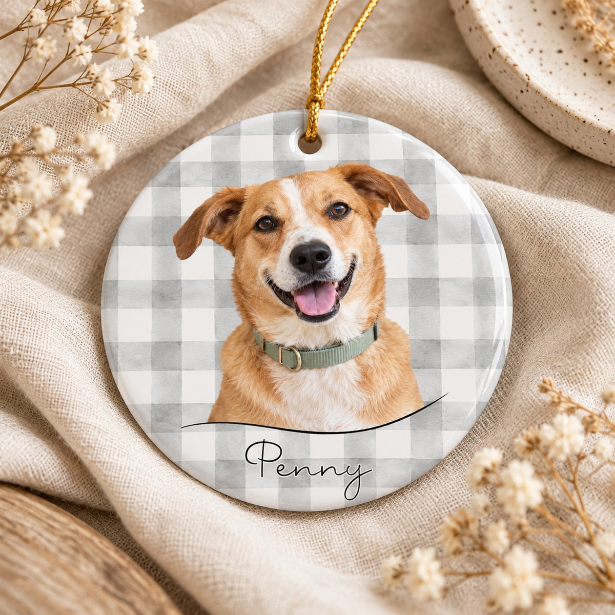 Custom Dog Cat Photo Gingham & Striped Pattern Ceramic Ornament LM32 670371
