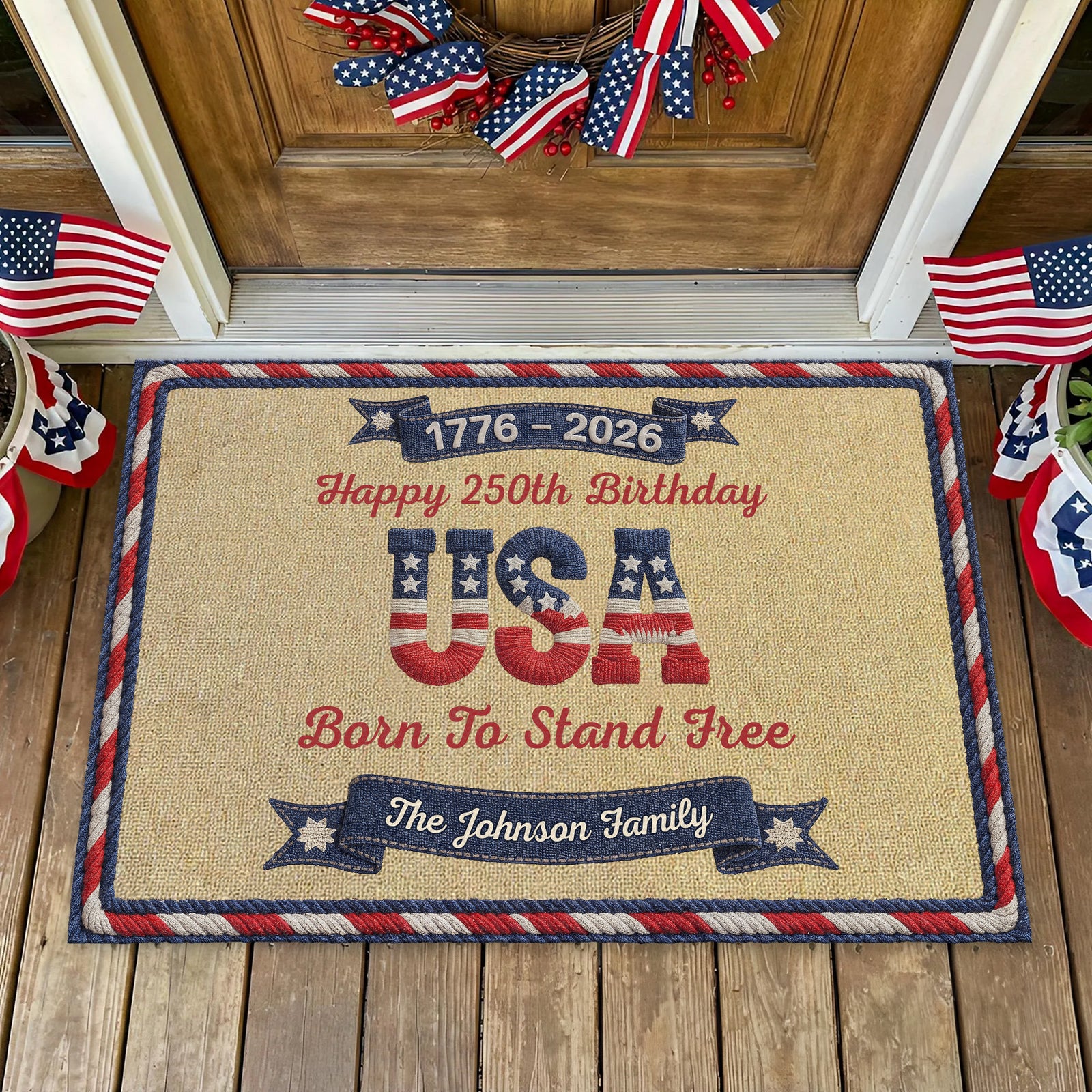 Personalized USA 250th Birthday Faux Yarn Pattern Doormat - 2D Printed Not Embroidered Patriotic America Decor HO82 901576