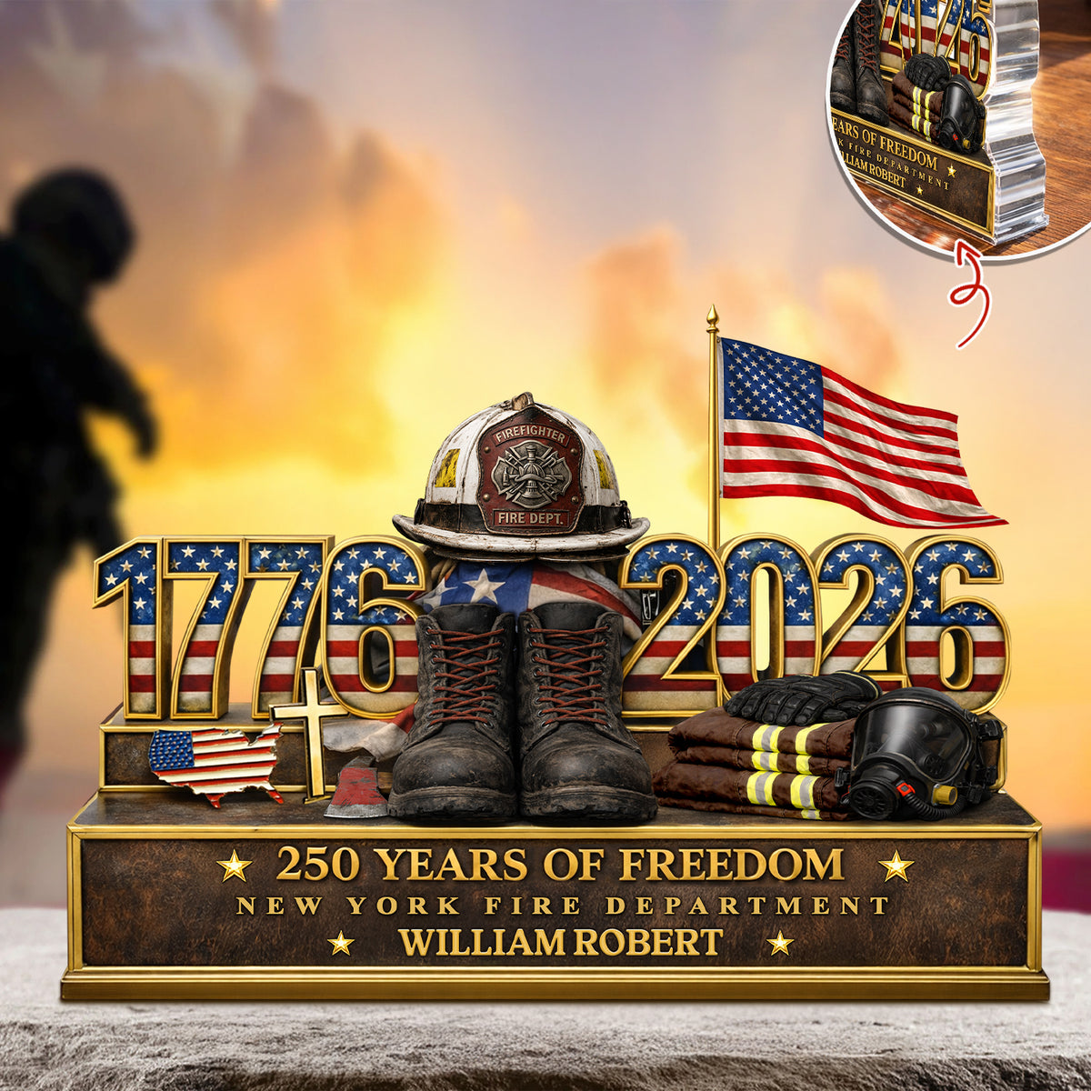 Personalized Firefighter 250 Years Of Freedom 1776–2026 Acrylic Block Plaque - Firefighter Gift, Patriotic Memorial Decor HO82 901886