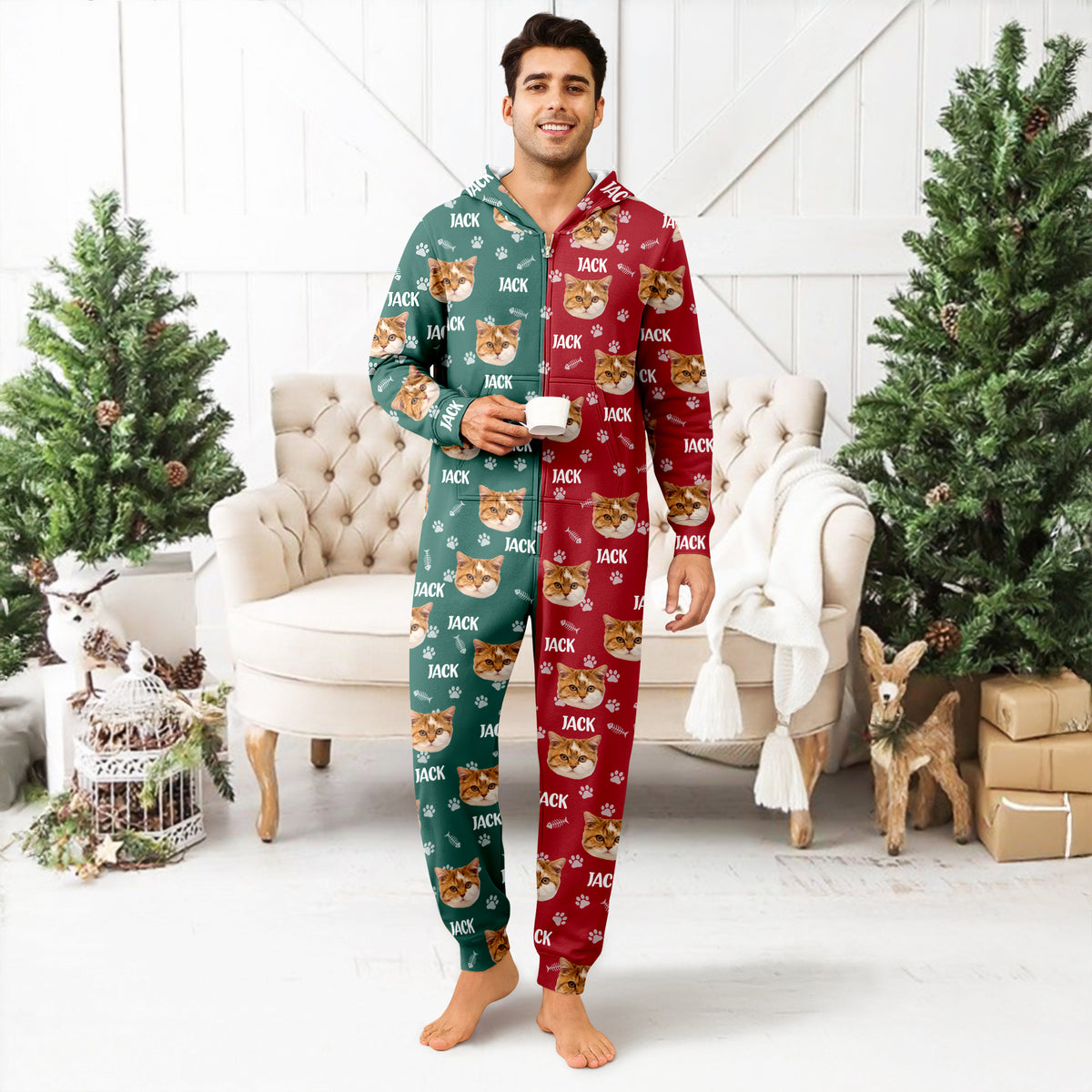 Custom Cat Face Photo Red Green Onesie Pajamas HO82 900384