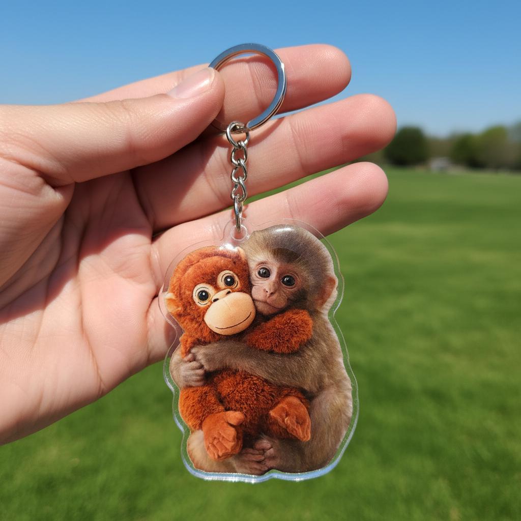 Cute Monkey Hugging Plush Acrylic Keychain, Baby Monkey Punch Keychain CH07 910868