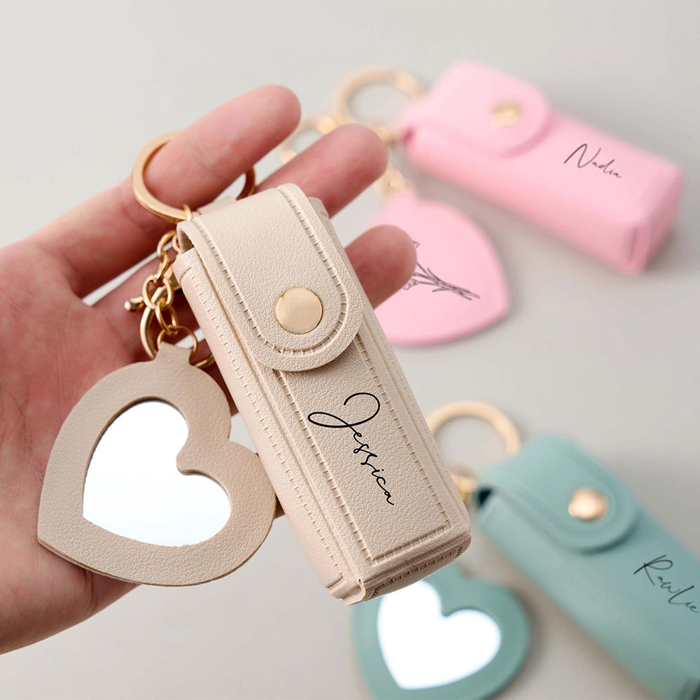 Custom Name Engraved Birth Flower Lipstick Keychain Case With Mirror - Valentine Gift, Birthday Gift for Her LM32 897659