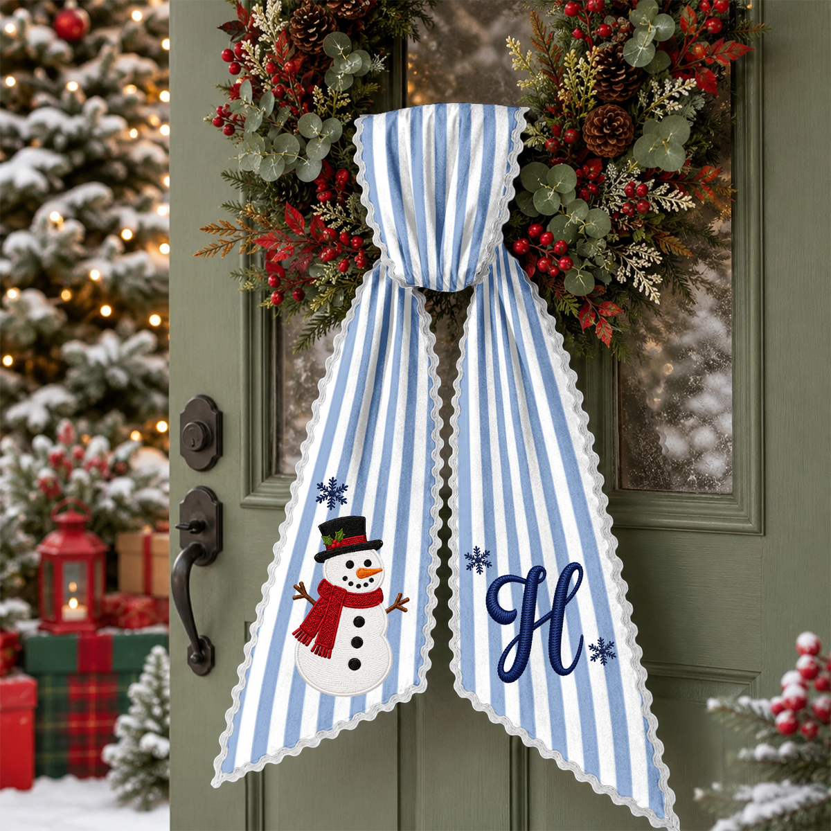 Personalized Letter Name Snowman Christmas Embroidered Wreath Sash, Festive Holiday Door Decor LM32 670205