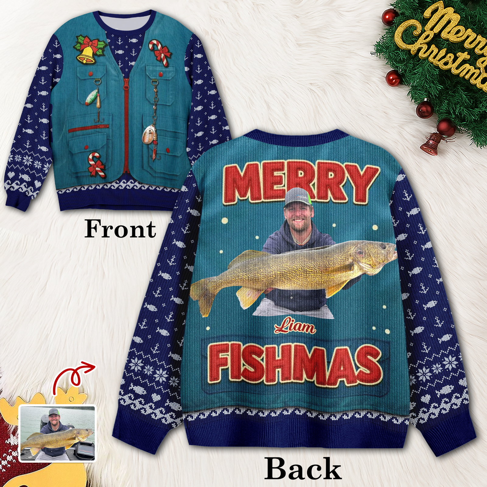 Custom Photo Merry Fishmas AOP Ugly Sweater For Fishing Lovers LM32 897175