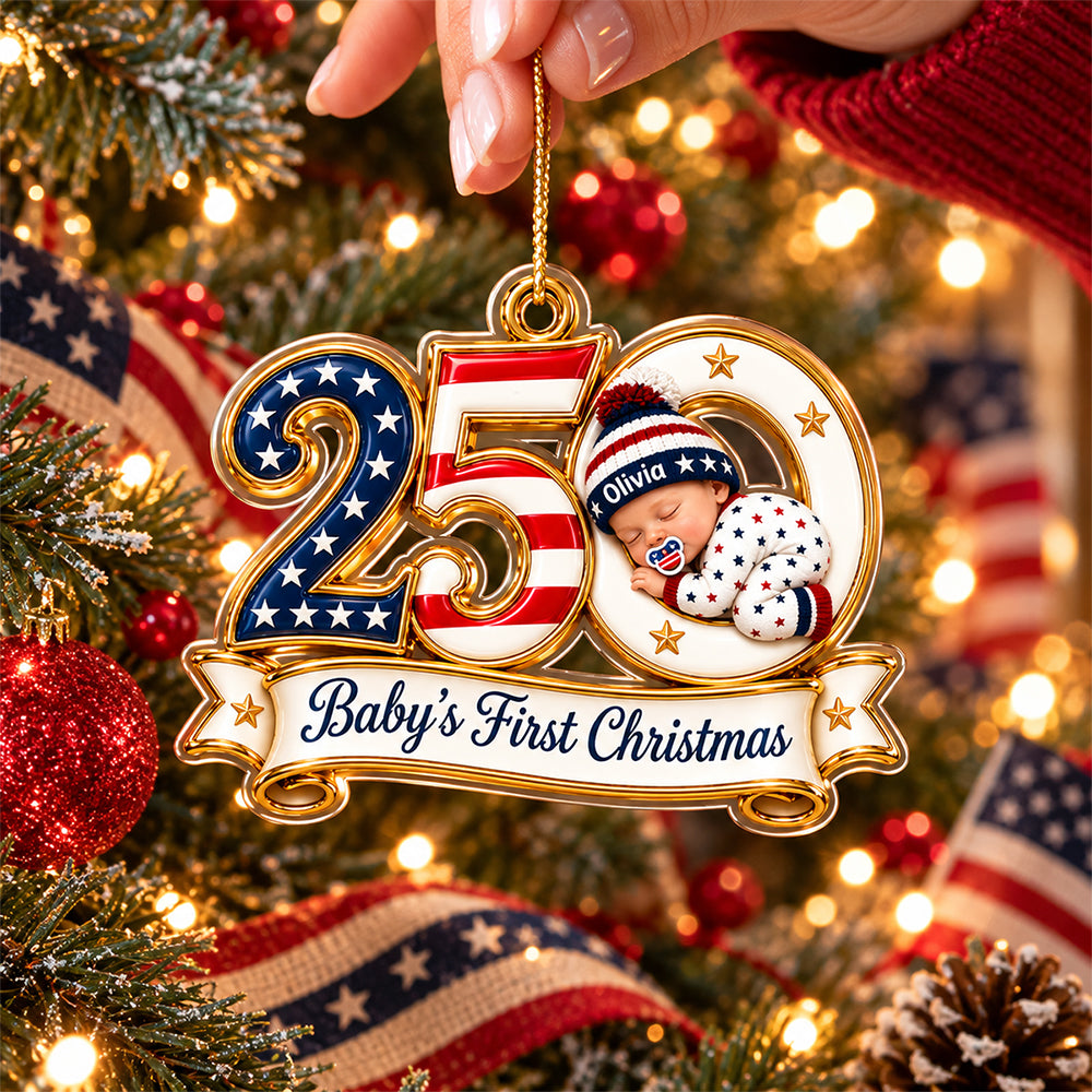 Personalized 250th Anniversary of the USA Baby’s First Christmas Patriotic Acrylic Ornament HO82 903826