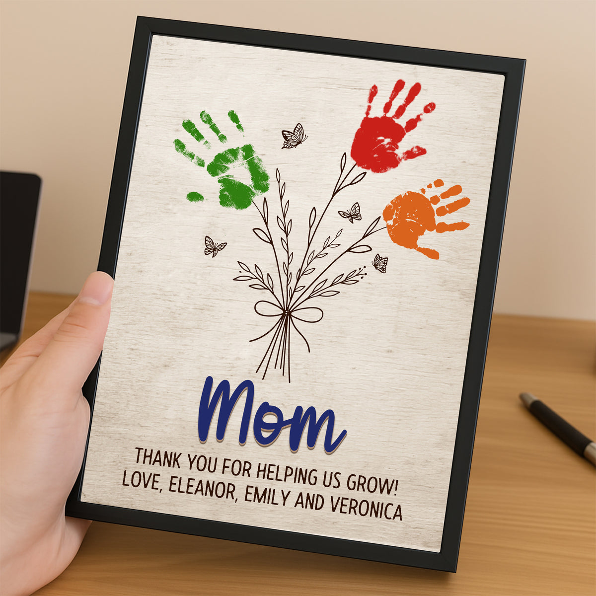 Personalized Flower Handprint Sign 2-Layered Wooden Plaque With Stand Gift For Mother's Day CH07 910836