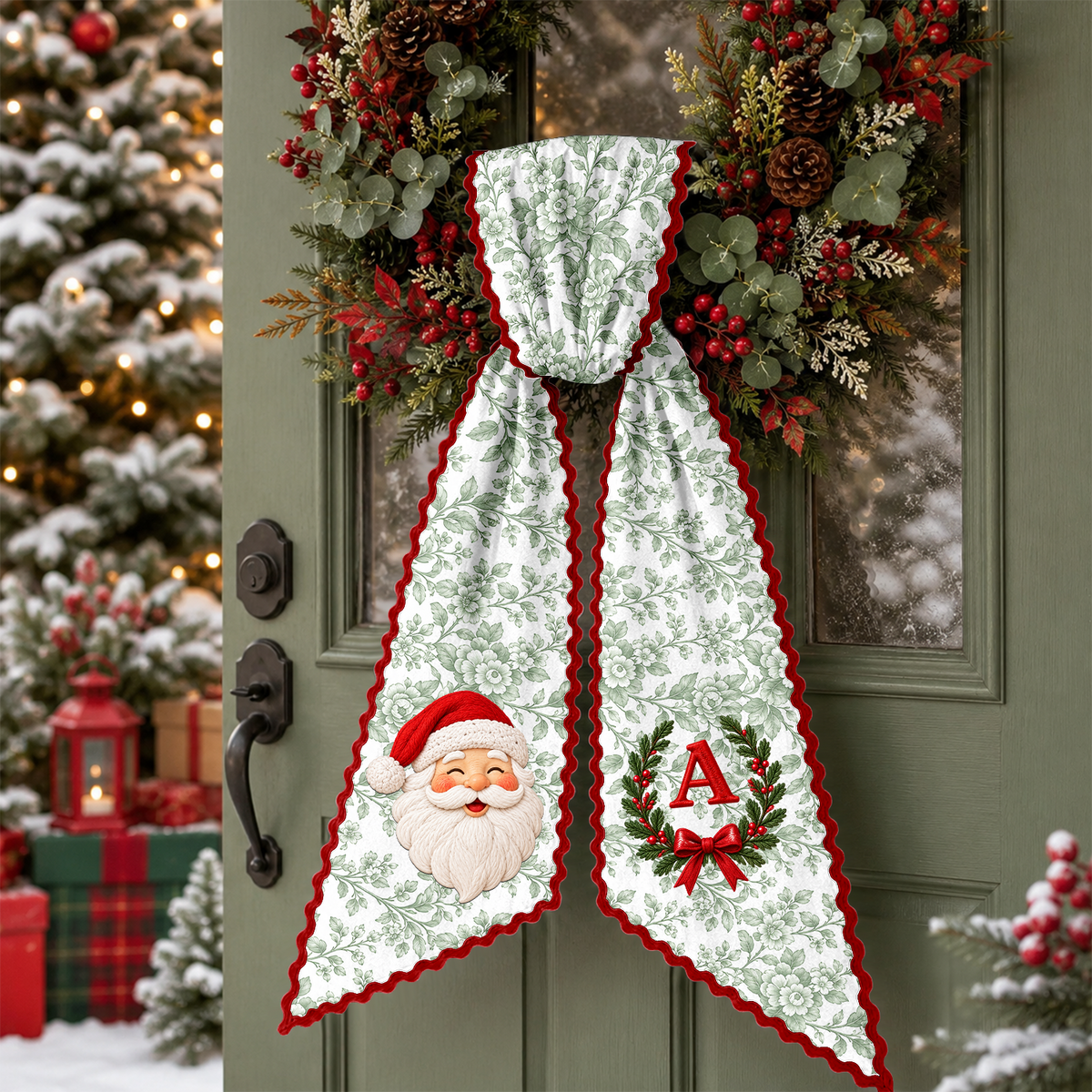 Personalized Monogram Letter Santa Claus Christmas Embroidered Wreath Sash, Festive Holiday Door Decor LM32 670203