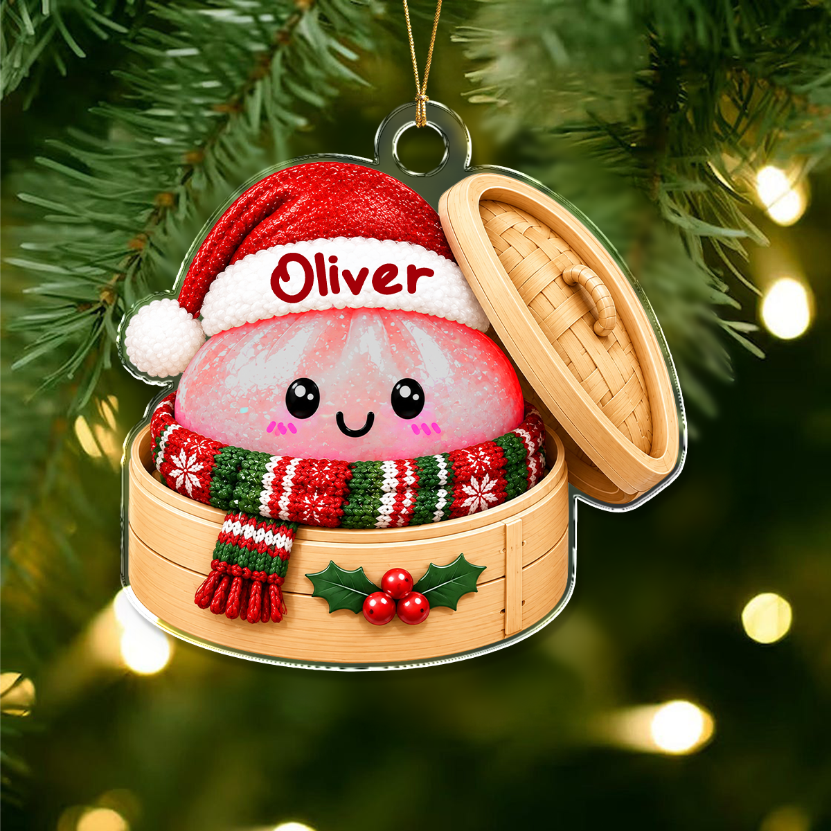 Personalized Glitter Dumpling Bamboo Steamer Christmas Acrylic Ornament, Festive Family Keepsake HO82 903652