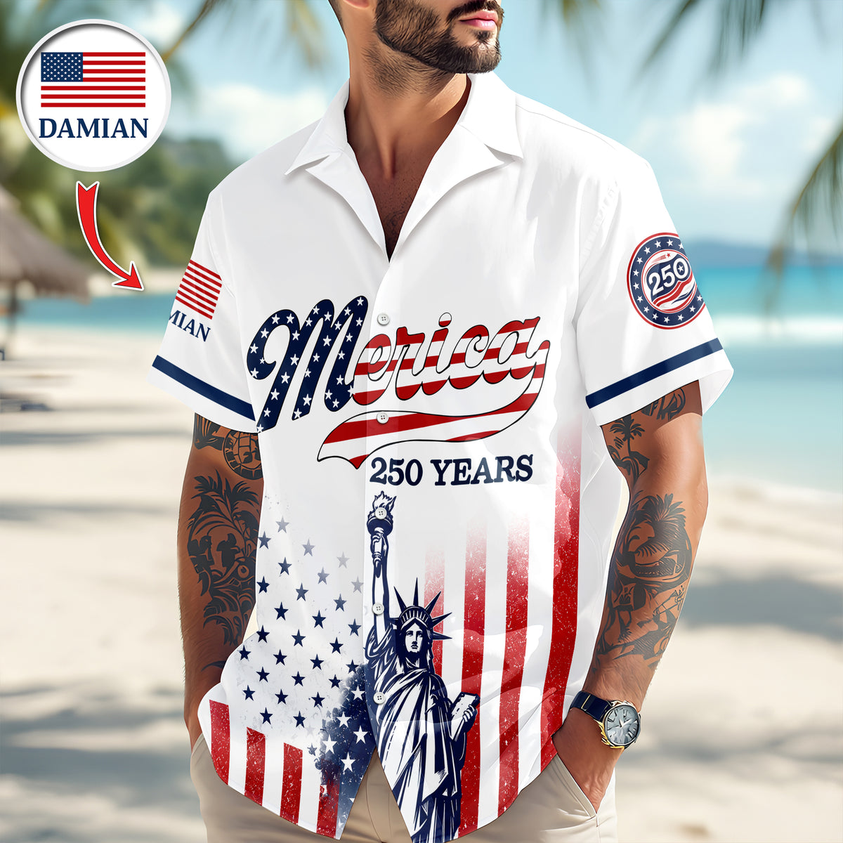 Custom Name USA 250th Anniversary Patriotic Statue of Liberty Merica 250 Baseball Hawaii Shirt HO82 902916