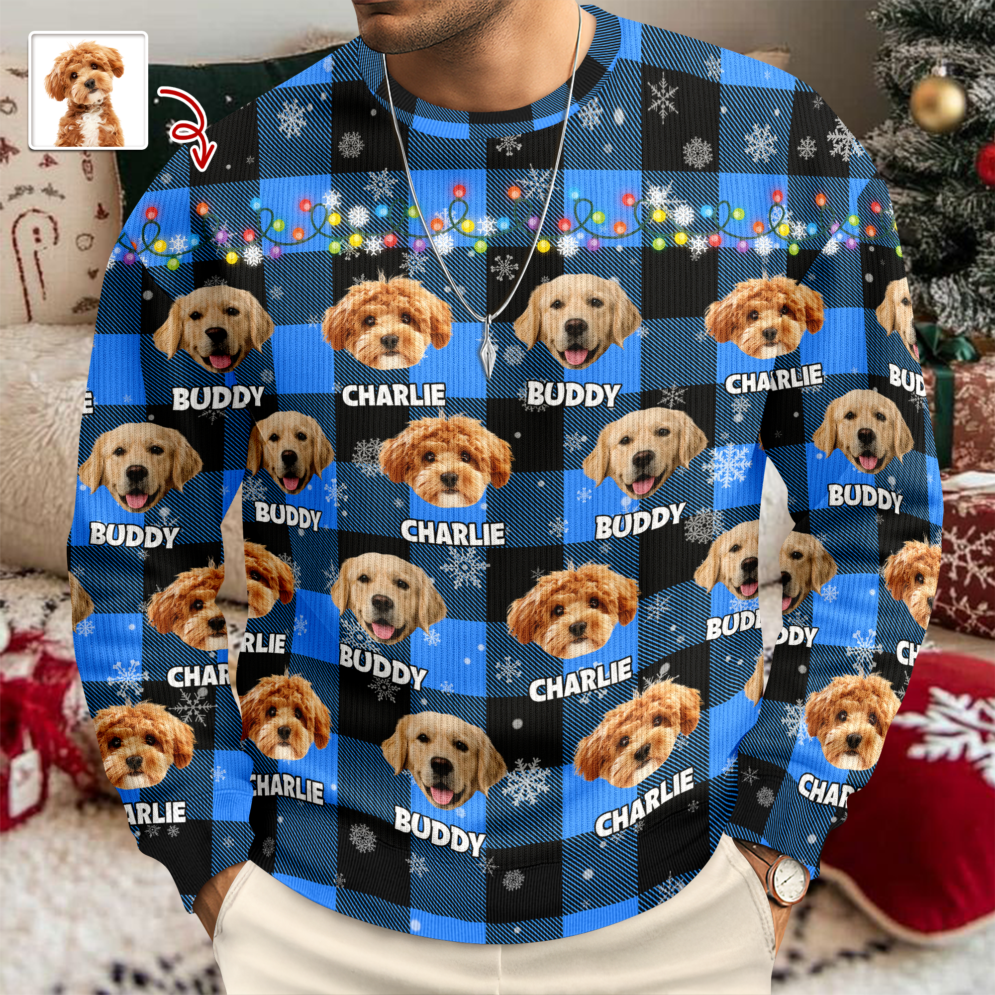 Custom Dog Photo Name Snow Christmas Light Holiday Ugly Sweater CH07 896368