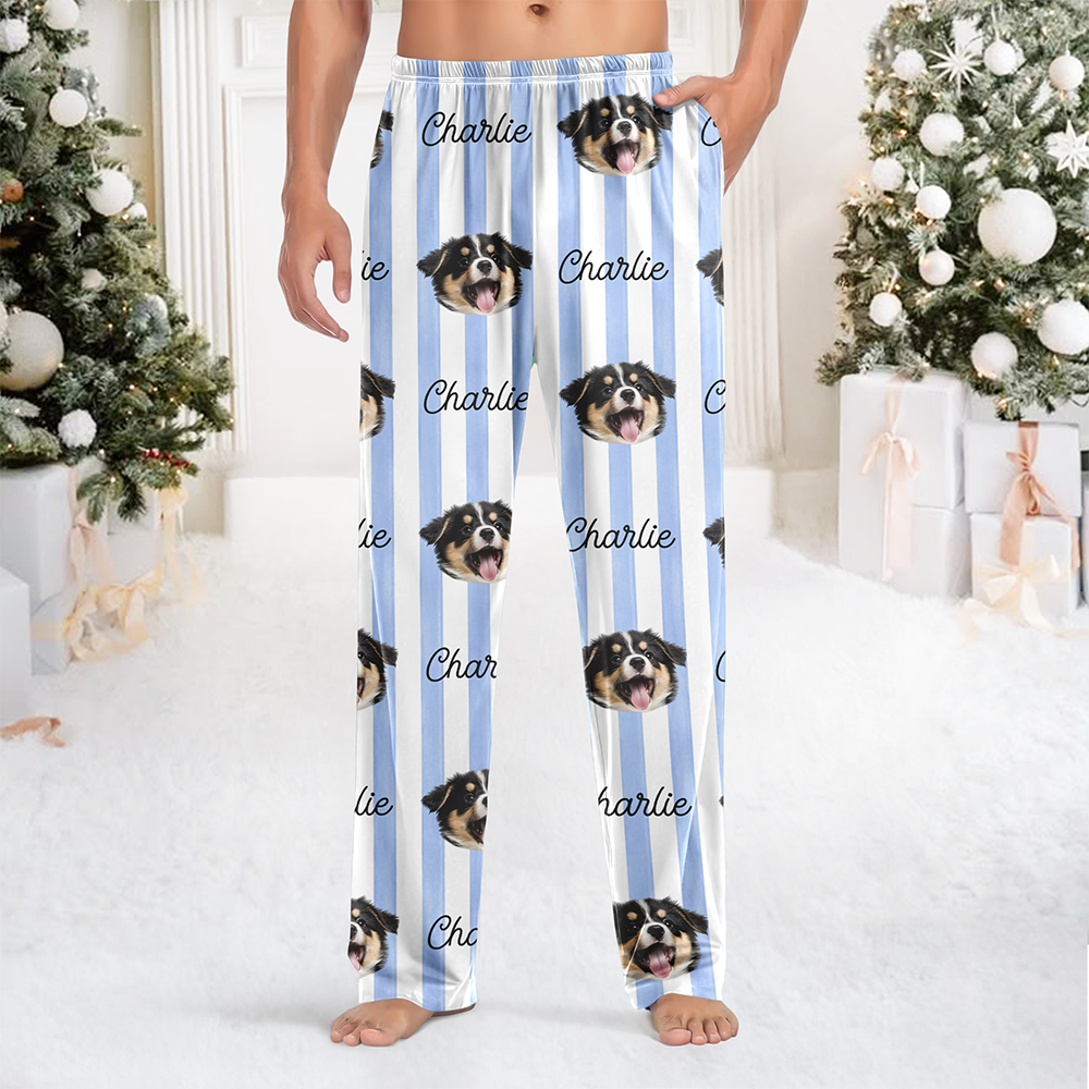 Custom Dog Cat Face Striped Pajama Pants, Personalized Pet Lovers Christmas Gift TH10 171011