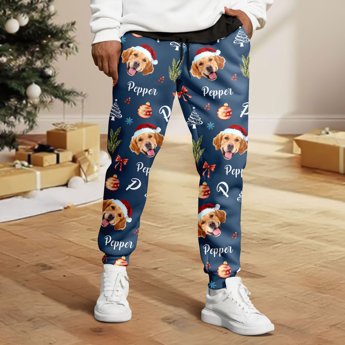Custom Photo Santa Claus Pine Tree Snowflakes Long Sweatpants LM32 895625