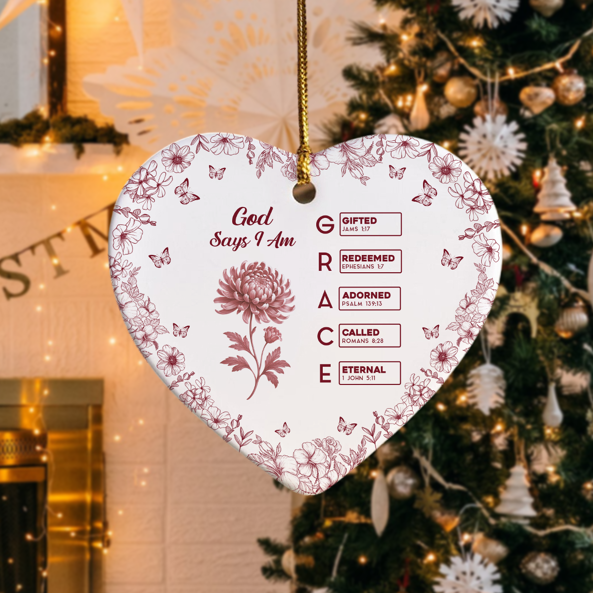 God Says I Am Name Letter In Bible Toile De Jouy Style - Personalized Heart Ceramic Ornament CH07 896966