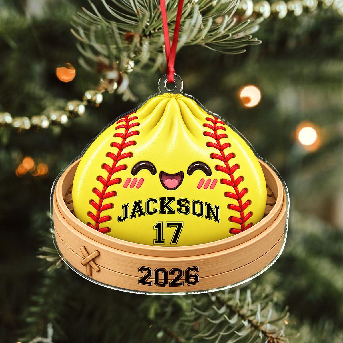 Custom Name Softball Squishy Dumpling Acrylic Ornament, Funny Sports Christmas Decoration HO82 903782