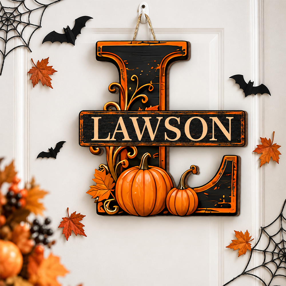 Custom Initial & Name Pumpkin Halloween Monogram Door Sign LM32 670003