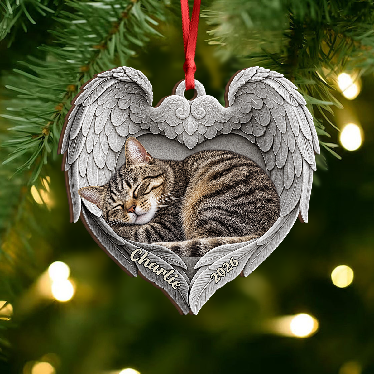 Personalized Cat Sleeping Angel Wings Wood Ornament, Pet Memorial Keepsake HA75 921764