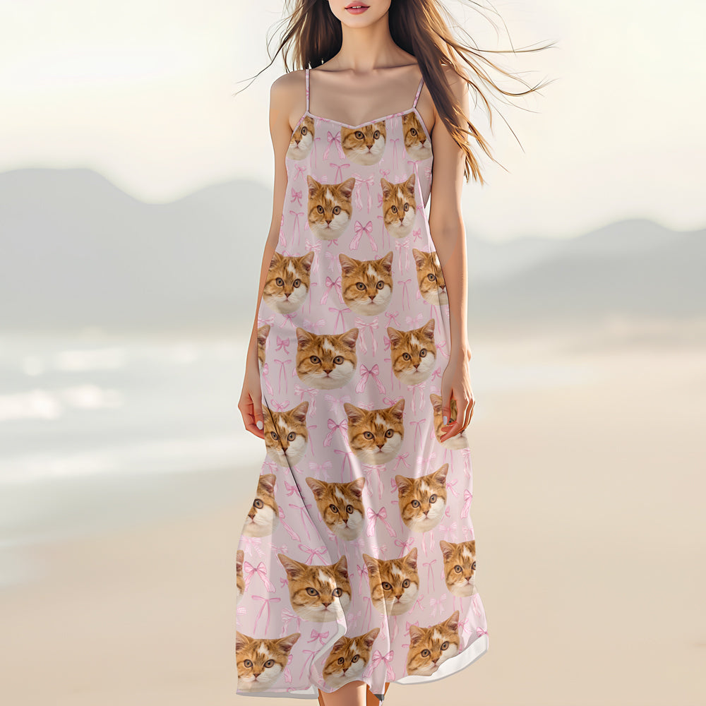Custom Cute Cat Photo Coquette Pink Bows Hawaii Maxi Dress LM32 893401
