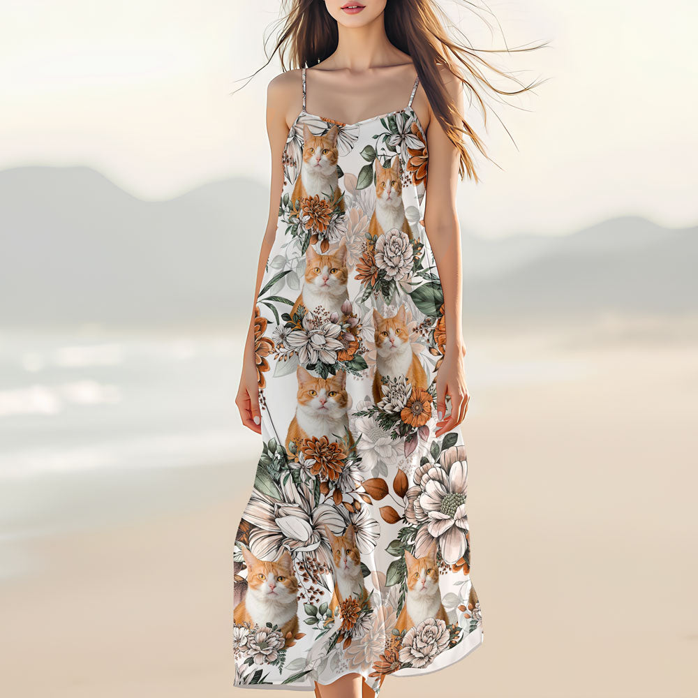 Custom Cat Photo Floral Style Women's V-Neck Cami Maxi Dress HO82 893600