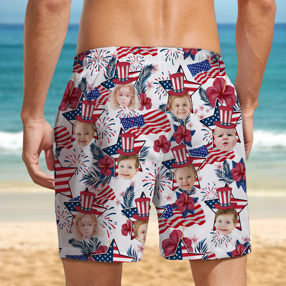 Custom Photo US Flag With Hawaii Pattern Man Beach Shorts, Father's Day Gift, For Dad HO82 894054