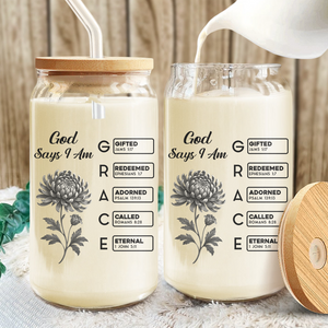 God Says I Am Name Letter In Bible Toile De Jouy Style - Personalized Glass Can With Lid CH07 896954