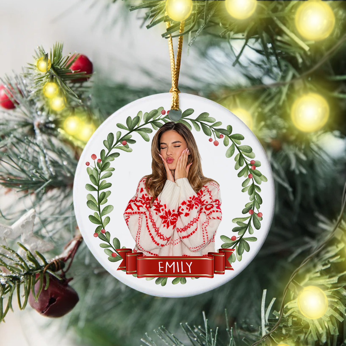 Custom Photo Christmas Wreath Ceramic Ornament, Personalized Holiday Keepsake TH10 171375