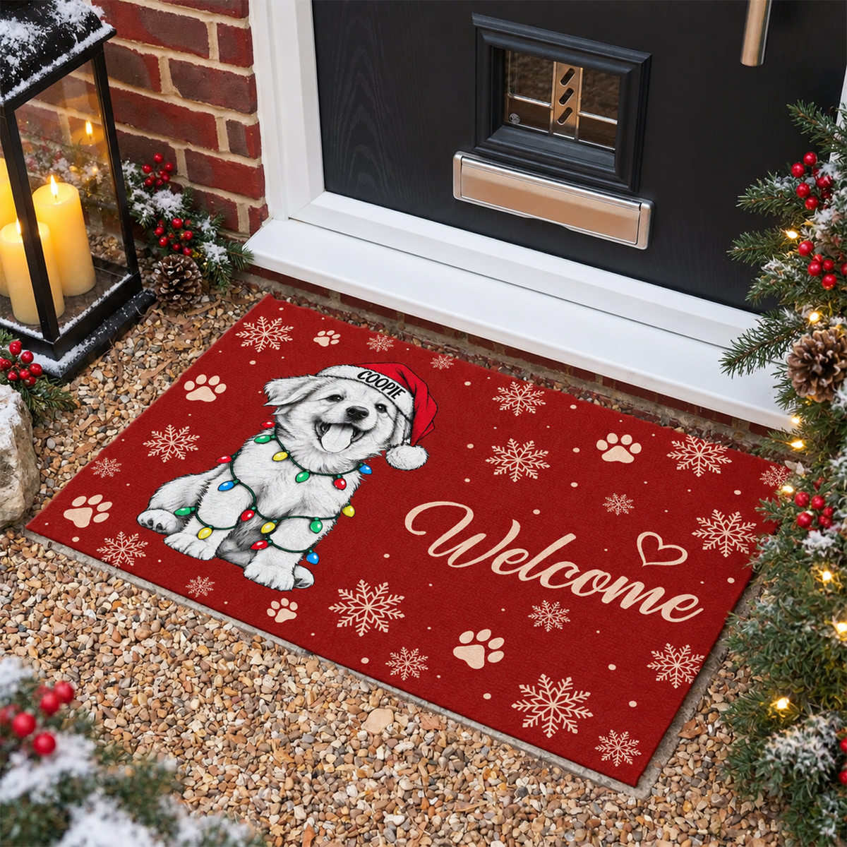 Custom Dog Photo Christmas Light Welcome Doormat CH07 180602