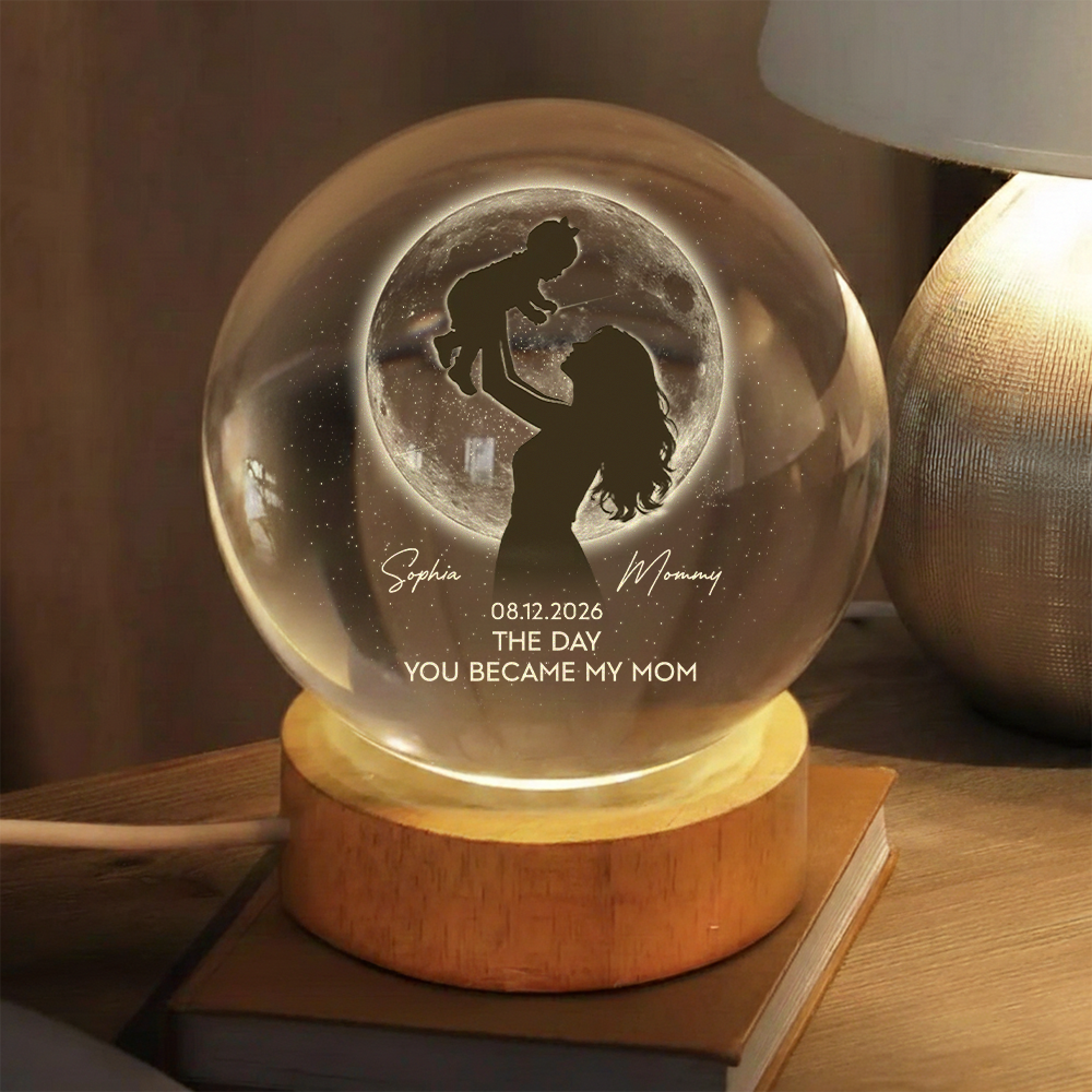 Personalized Mom Hugging Kid, The Day You Became My Mom Engraved Crystal Ball LED Night Light - Mother's Day Gift for Mom HO82 901458