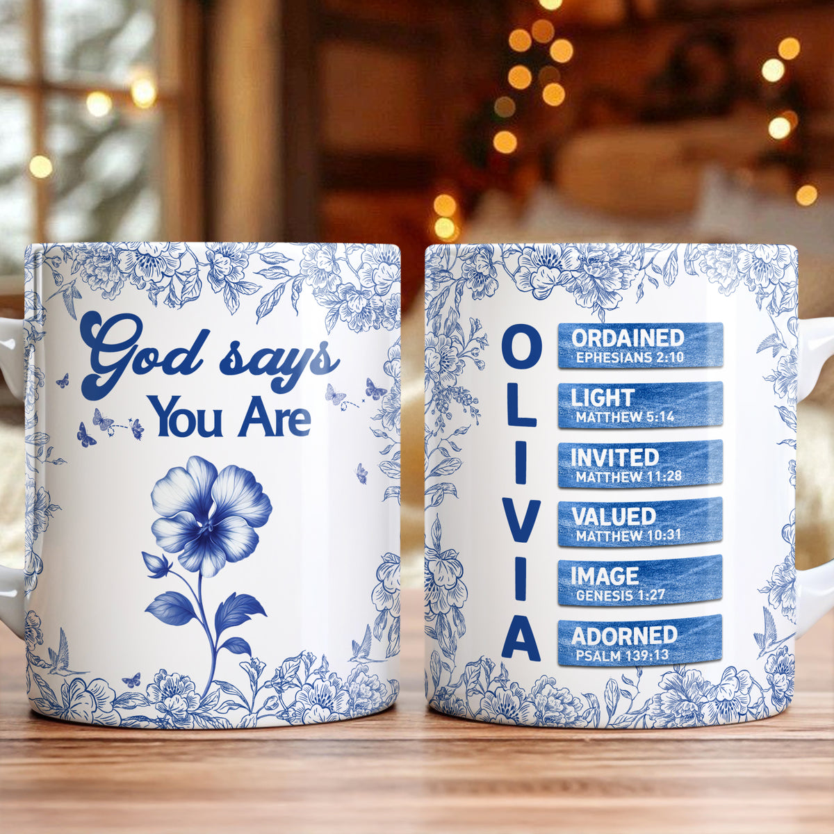 Custom Name Letter And Flower Toile De Jouy Style God Says I Am Print Full Mug LM32 895397